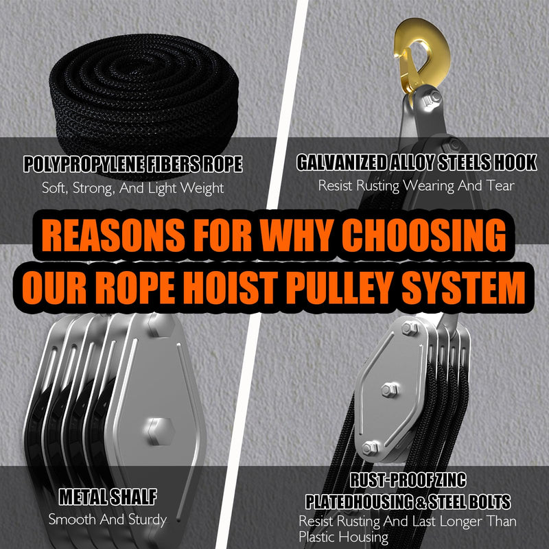 Mpow Rope-saving pulley set, 4 wheels, 20 meters (black rope), 2200 lb load capacity, metal bearings, diamond-braided polypropylene rope, rust-resistant galvanized casing, versatile application