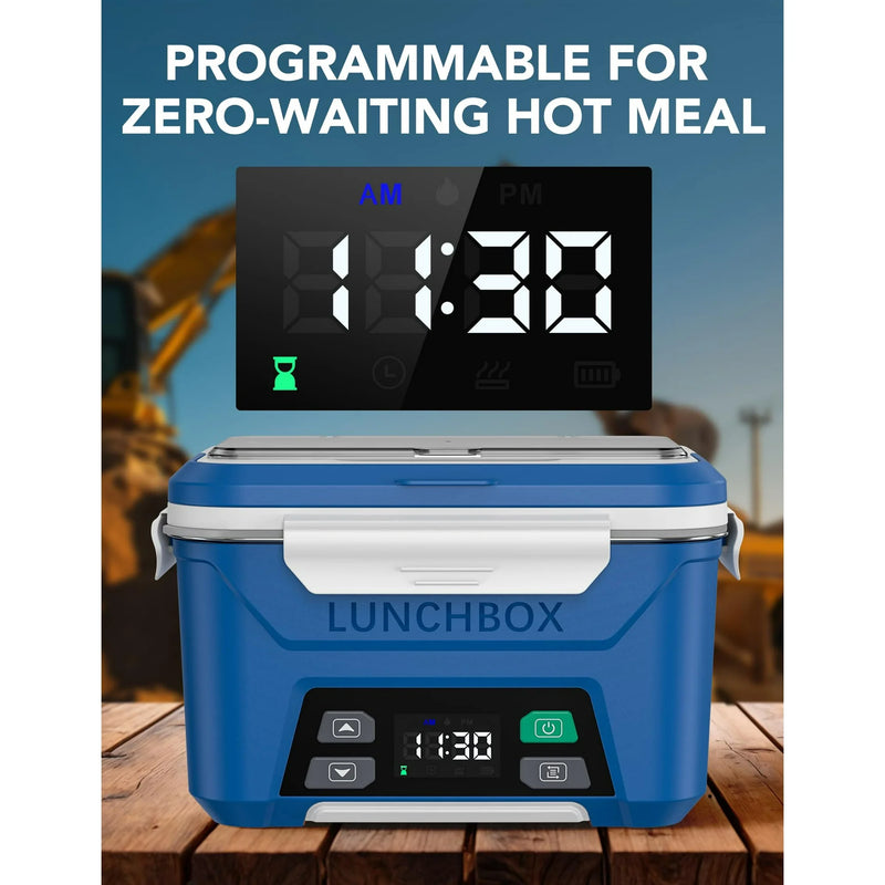 Cordless Electric Lunch Box, Heated Lunch Box Battery Powered with Automatic Scheduled Heating, 5.5 Cups Capacity, with Removable Tray Divider, Dishwasher Safe, for Hot Meals Anywhere - Dark Blue