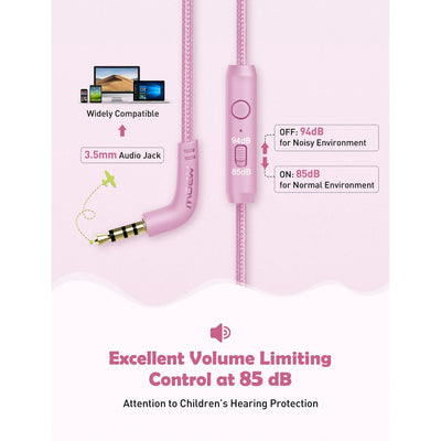 Mpow Kids Headphones with Microphone, Stereo Wired Headphones for Kids 85/94dB Safe Volume with Share Port, Adjustable Foldable Toddler Headphones over Ear Kids Headphones for School, Airplane