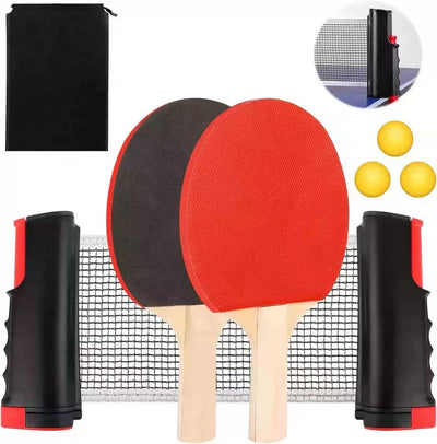 Mpow Outdoor table tennis set with net, 2 paddles, and 3 balls. Easy to assemble and portable. Perfect for outdoor fun with family and friends