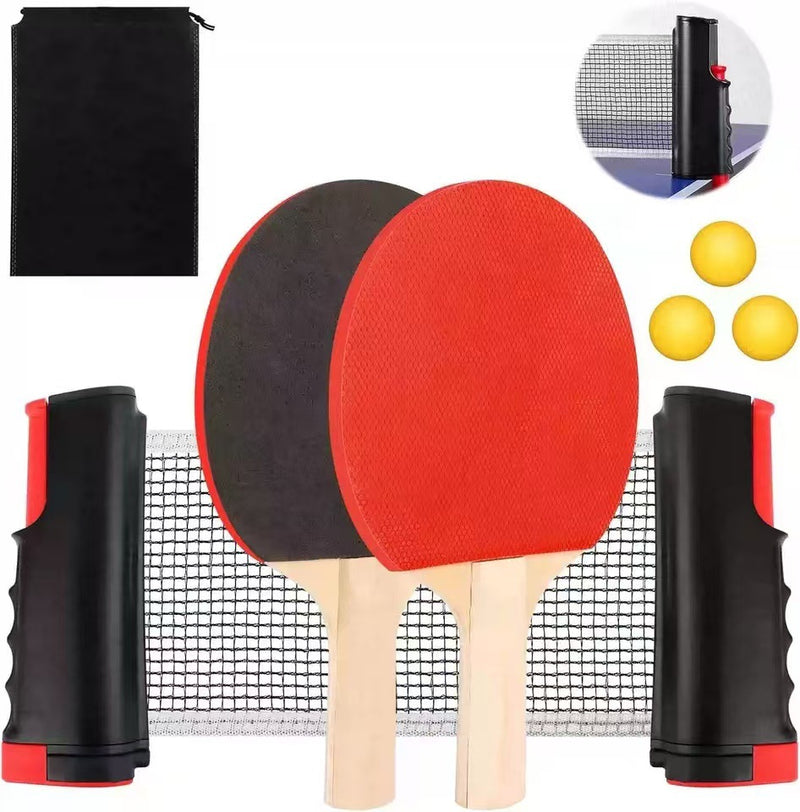 Mpow Outdoor table tennis set with net, 2 paddles, and 3 balls. Easy to assemble and portable. Perfect for outdoor fun with family and friends