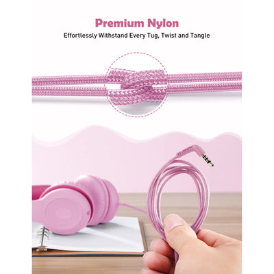 Mpow Kids Headphones with Microphone, Stereo Wired Headphones for Kids 85/94dB Safe Volume with Share Port, Adjustable Foldable Toddler Headphones over Ear Kids Headphones for School, Airplane