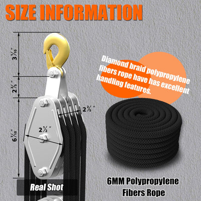 Mpow Rope-saving pulley set, 4 wheels, 20 meters (black rope), 2200 lb load capacity, metal bearings, diamond-braided polypropylene rope, rust-resistant galvanized casing, versatile application