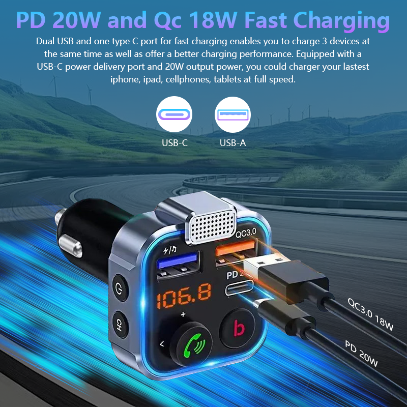 Mpow Bluetooth 5.3 Car FM Transmitter - Hi-Fi Music, Dual Mic Noise Cancellation, 20W PD Fast Charge