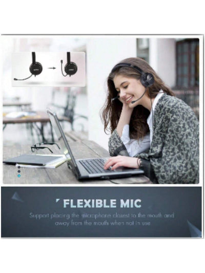 Mpow Wired headset with USB port and inline remote, comfortable head-mounted design for clear calls, perfect for office and customer service scenarios