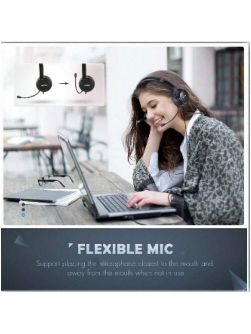 Mpow Wired headset with USB port and inline remote, comfortable head-mounted design for clear calls, perfect for office and customer service scenarios