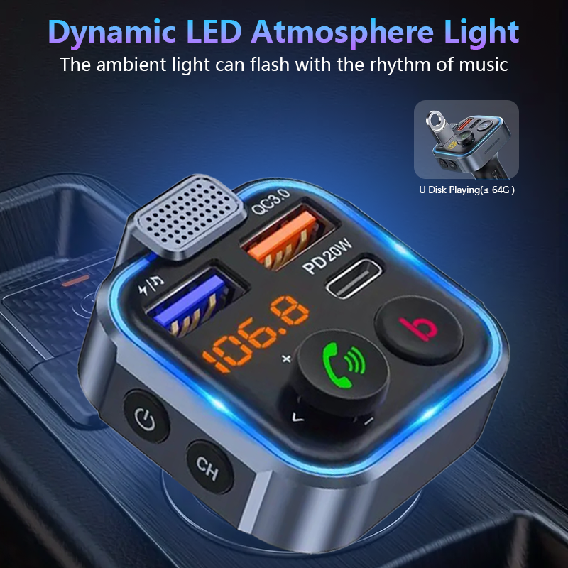 Mpow Bluetooth 5.3 Car FM Transmitter - Hi-Fi Music, Dual Mic Noise Cancellation, 20W PD Fast Charge