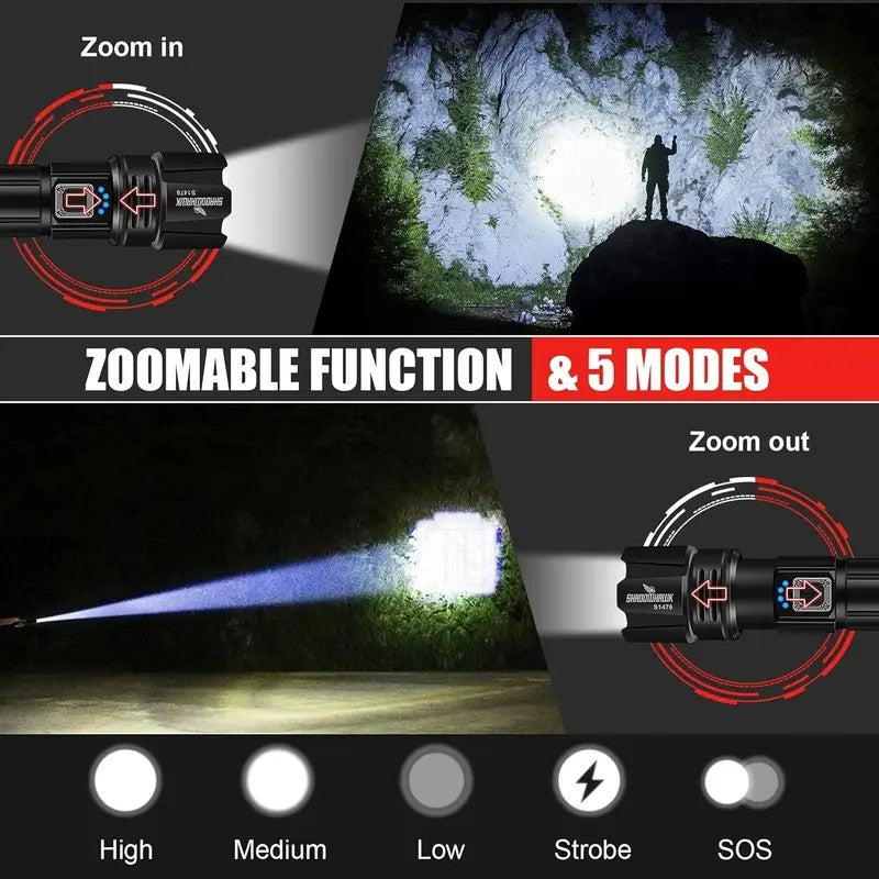 Mpow High-power flashlight with aluminum alloy housing, 5000mAh lithium battery, Type-C charging, 5-level dimming, dual-use battery and USB charging, includes a keychain light and leather case