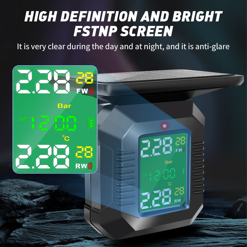Mpow Motorcycle TPMS Tire Pressure Monitoring System - Wireless Solar Charging, 2 Sensors, LCD Display