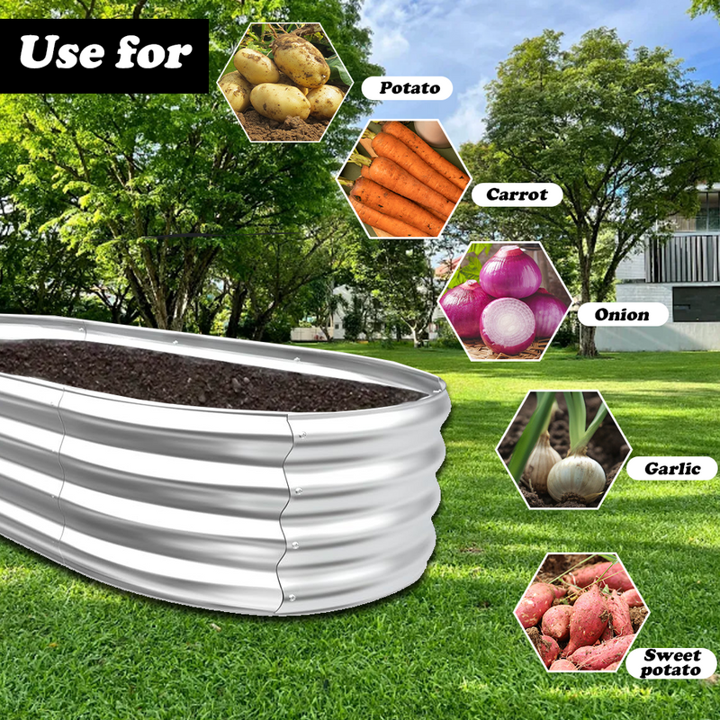 Mpow Galvanized Steel Oval Garden Bed Set, Double-Layered, 0.78mm Thick, 5-Minute Assembly, Open Base