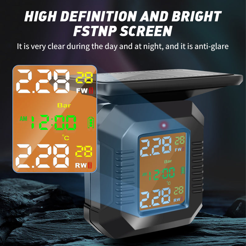Mpow Motorcycle TPMS Tire Pressure Monitoring System - Wireless Solar Charging, 2 Sensors, LCD Display