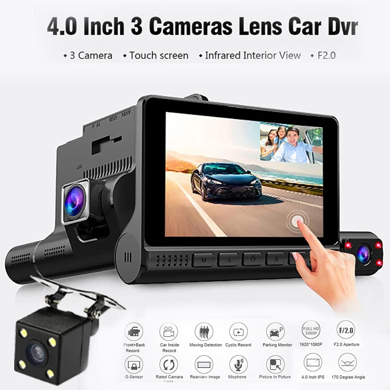 Mpow 4-inch 3-lens touchscreen dashcam with 1080P Full HD, 170° wide-angle, parking monitoring, low-light and night vision, and multiple languages