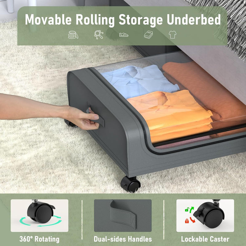 Mpow Underbed Storage Box with 360° Swiveling Wheels, Oxford Fabric + Metal Frame, Clear Window, Large Storage Capacity