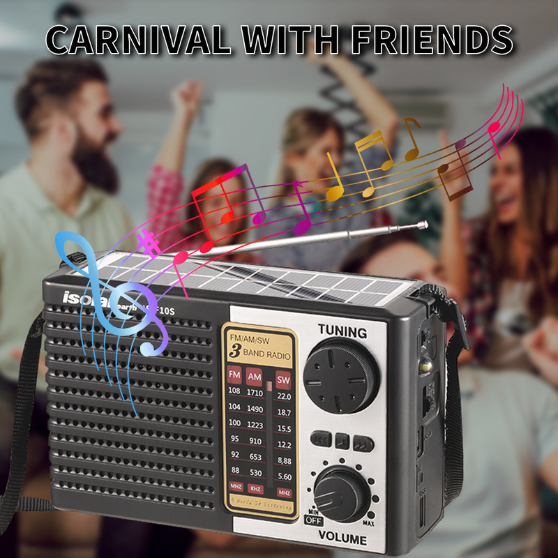 Mpow Multi-band radio with solar charging and lithium battery, Bluetooth speaker, and 3-inch speaker. A portable outdoor radio