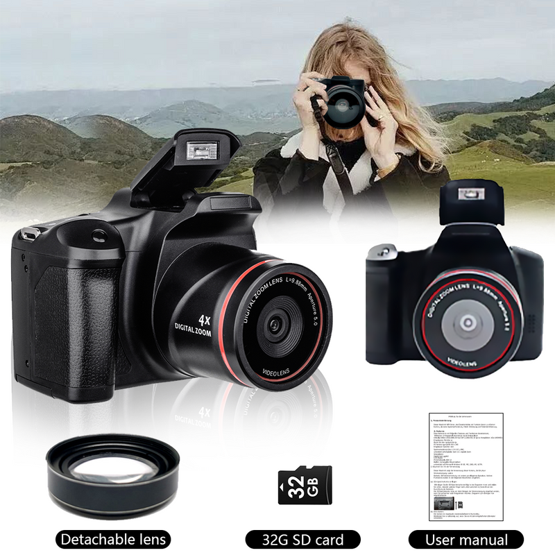 Mpow 16-megapixel camera with 16x digital zoom, 2.4-inch screen, 32GB memory card included, and multi-language support