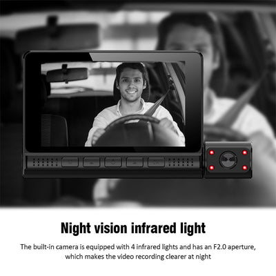 Mpow 4-inch 3-lens touchscreen dashcam with 1080P Full HD, 170° wide-angle, parking monitoring, low-light and night vision, and multiple languages