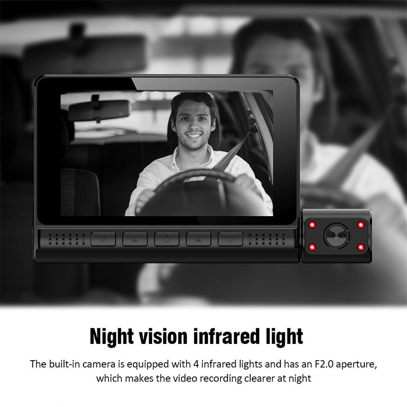 Mpow 4-inch 3-lens touchscreen dashcam with 1080P Full HD, 170° wide-angle, parking monitoring, low-light and night vision, and multiple languages