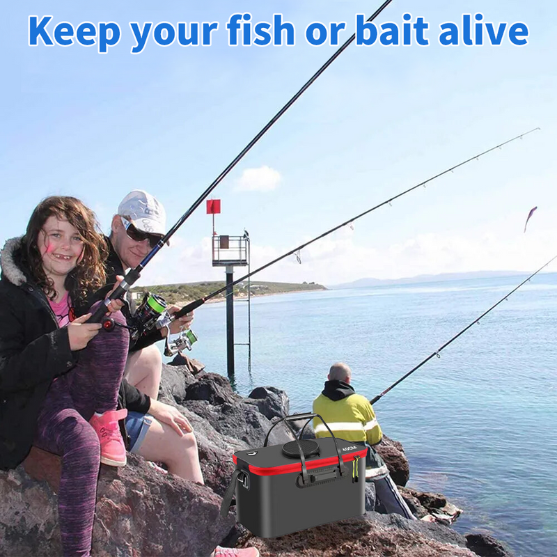Mpow Foldable EVA Fishing Bucket + Rechargeable Oxygen Pump: Keeps Live Bait Fresh, Leakproof, Durable, and Multi-Purpose Portable Outdoor Fishing Tool