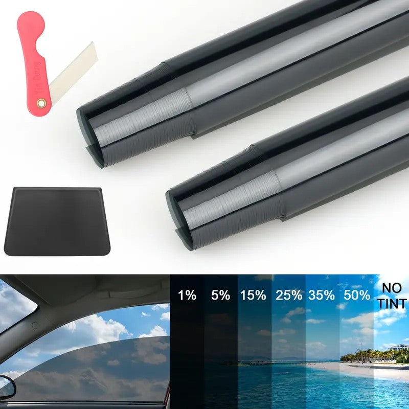 Mpow Black PET Window Film with 99% UV Protection and 50% Heat Insulation. Includes a scraper and scissors for versatile use.