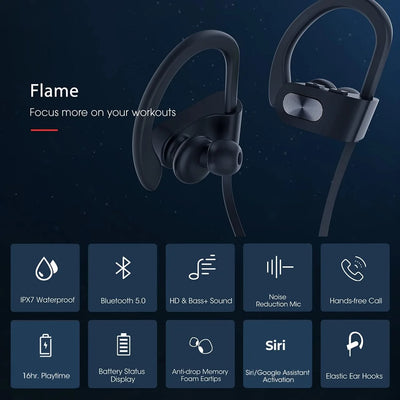 Mpow Flame Bluetooth Headphones, Running Headphones, 16 Hours Playtime Bluetooth 5.0 Wireless Earbuds HD Bass Stereo Sound IPX7 Waterproof Earphones for Workout Running Sports Noise Cancelling Mic