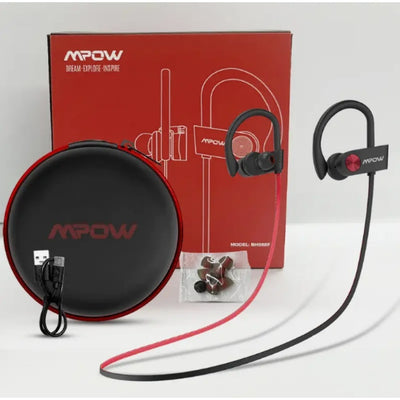 Mpow Bluetooth 5.3 Neckband Sports Earphones with Red and Black Cable Design, Glue-bonded Design, Button Controls, and 12-hour Battery Life