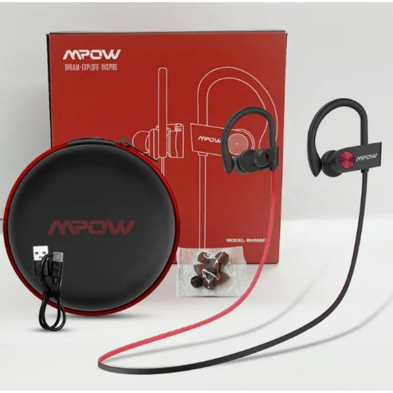Mpow Bluetooth 5.3 Neckband Sports Earphones with Red and Black Cable Design, Glue-bonded Design, Button Controls, and 12-hour Battery Life