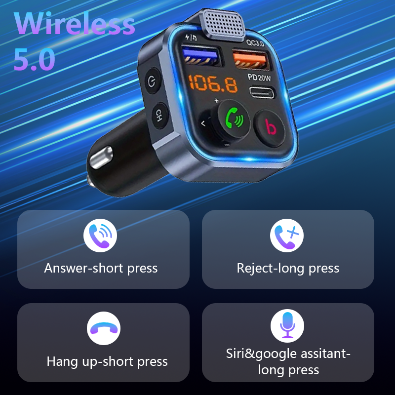 Mpow Bluetooth 5.3 Car FM Transmitter - Hi-Fi Music, Dual Mic Noise Cancellation, 20W PD Fast Charge