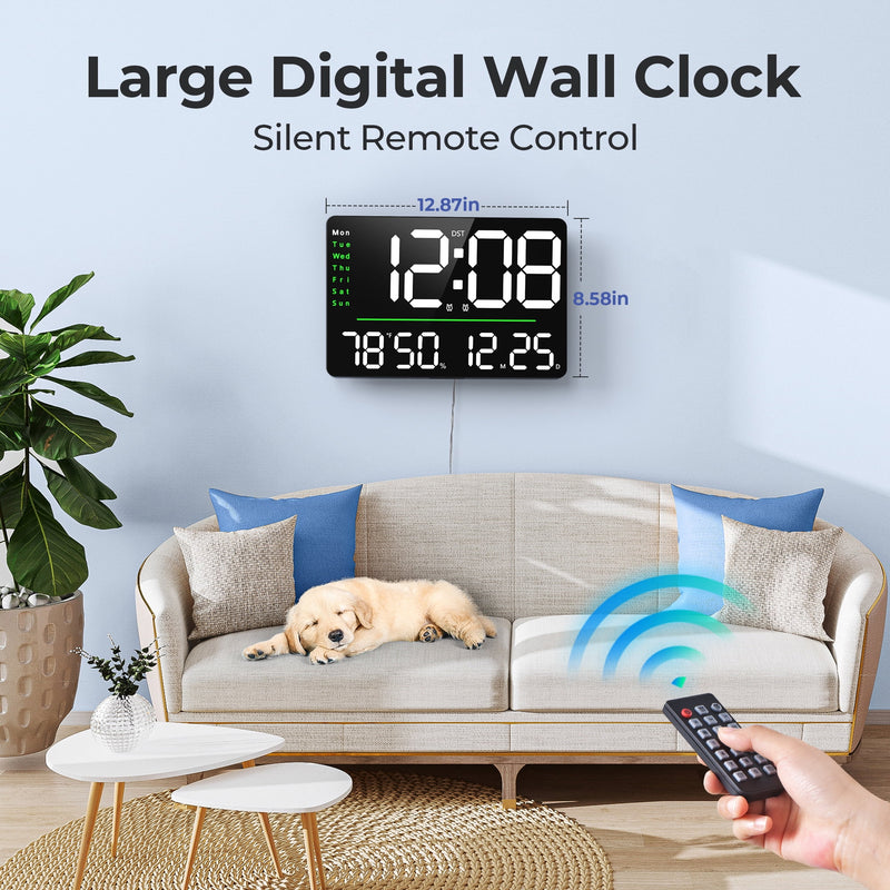 Mpow 16" Digital Wall Clock with Remote Control, Adjustable Brightness & Auto Dimming, Dual Alarm Clock for Bedroom, DST, Stopwatch & Countdown, Digital Clock for Living Room/Office/Gym/Elderly White