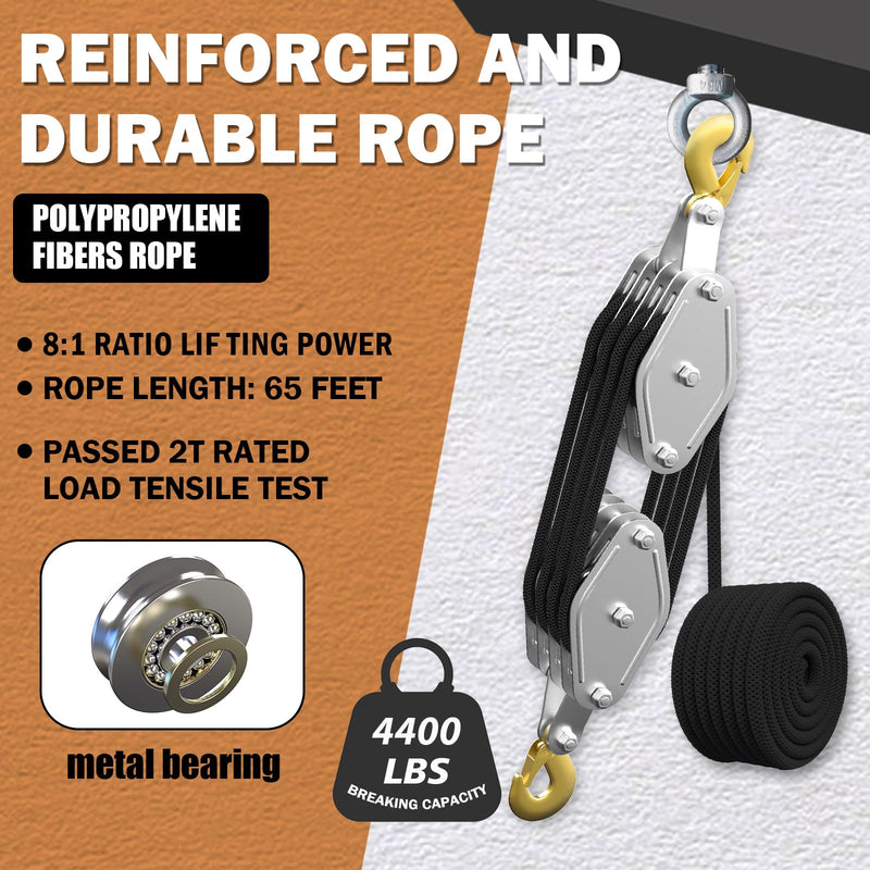 Mpow Rope-saving pulley set, 4 wheels, 20 meters (black rope), 2200 lb load capacity, metal bearings, diamond-braided polypropylene rope, rust-resistant galvanized casing, versatile application