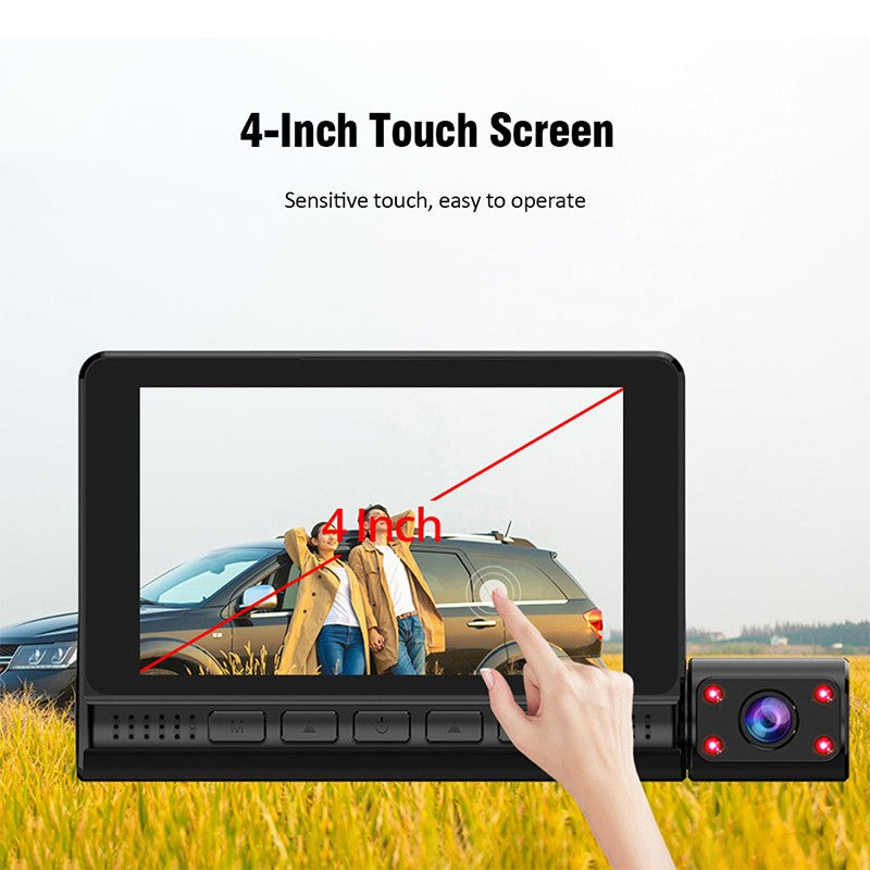 Mpow 4-inch 3-lens touchscreen dashcam with 1080P Full HD, 170° wide-angle, parking monitoring, low-light and night vision, and multiple languages