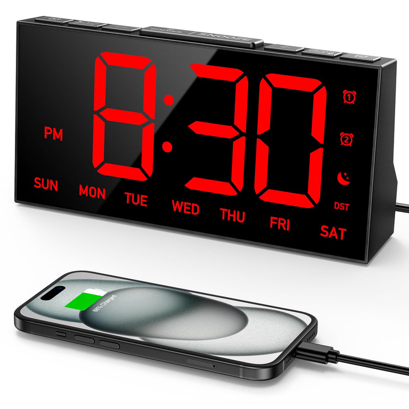 Mpow Alarm Clock for Heavy Sleepers, Digital Alarm Clock for Bedroom, Adjustable Brightness, Customizable Alarms, Automatically Dim at Night, Progressive Volume,DST, Alarm Clock for Kids Adults Red
