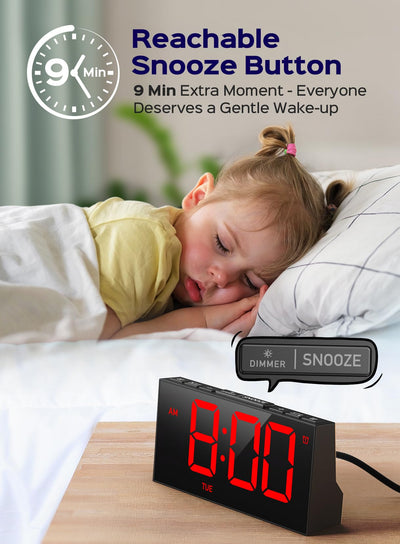 Mpow Alarm Clock for Heavy Sleepers, Digital Alarm Clock for Bedroom, Adjustable Brightness, Customizable Alarms, Automatically Dim at Night, Progressive Volume,DST, Alarm Clock for Kids Adults Red