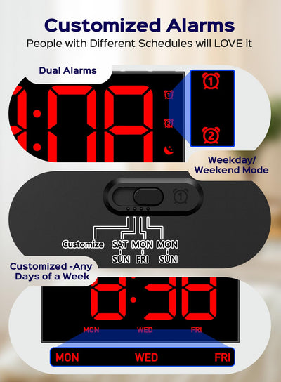 Mpow Alarm Clock for Heavy Sleepers, Digital Alarm Clock for Bedroom, Adjustable Brightness, Customizable Alarms, Automatically Dim at Night, Progressive Volume,DST, Alarm Clock for Kids Adults Red