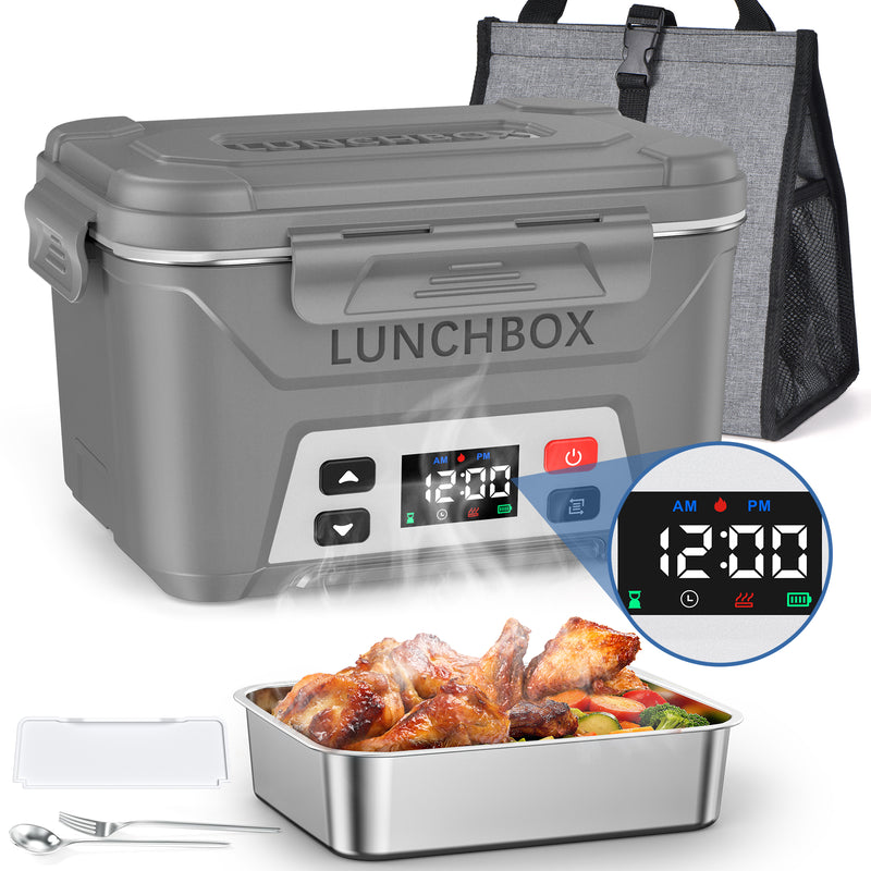 Cordless Electric Lunch Box, Heated Lunch Box Battery Powered with Automatic Scheduled Heating，grey