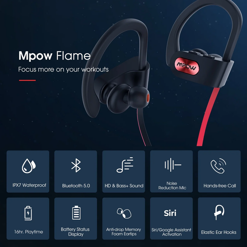 Mpow Flame Bluetooth Headphones, Wireless Sports Earbuds 16 Hours Playtime, Noise Cancelling Mic IPX7 Waterproof Earphones for Workout and Sports, in Ear Earphones - Red
