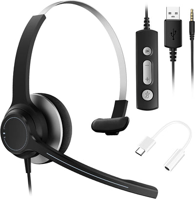 3.5mm&USB&Type-c Headset with Microphone for Laptop, Single Side Headset with Microphone for PC