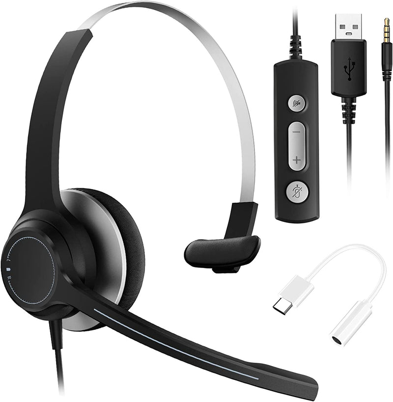 3.5mm&USB&Type-c Headset with Microphone for Laptop, Single Side Headset with Microphone for PC