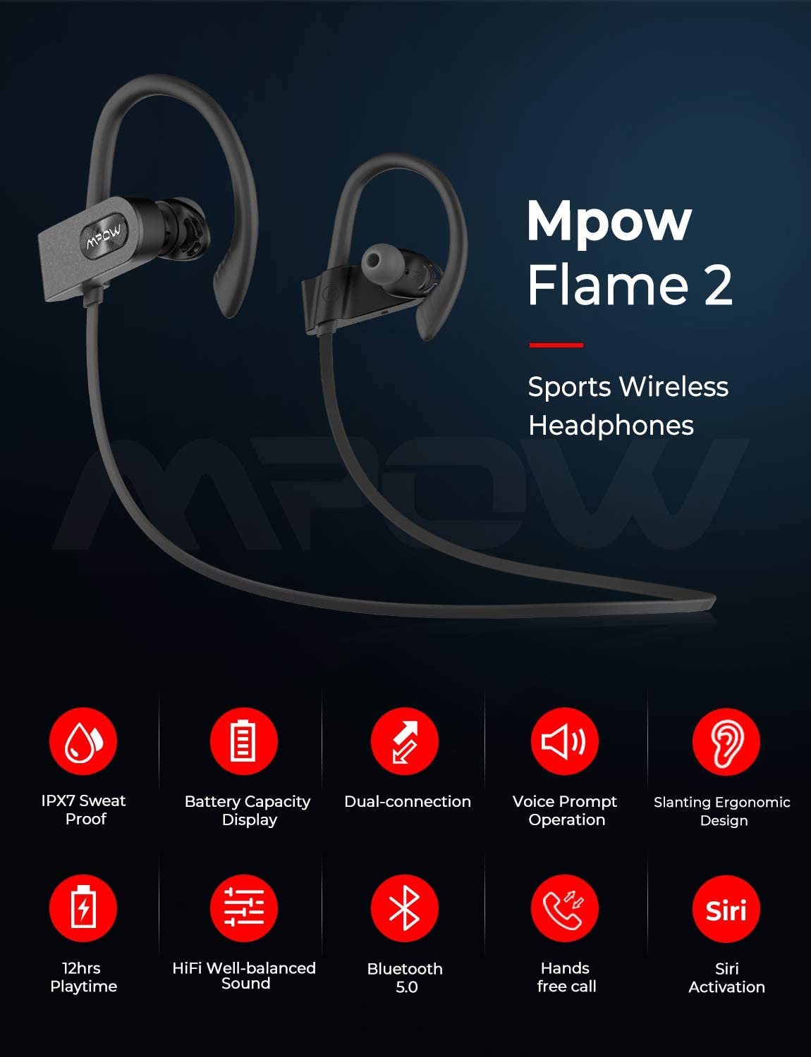 Mpow Flame2 Auriculares Bluetooth 13-h de Recreo, Bluetooth 5.0 Inalámbrico  de los Auriculares, agua IPX7 Inalámbrico de Auriculares deportivos w/CVC