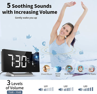 Alarm Clock Radio for Bedroom, Projection Alarm Clock with 0-100% Dimmer and FM Radio, USB Charger