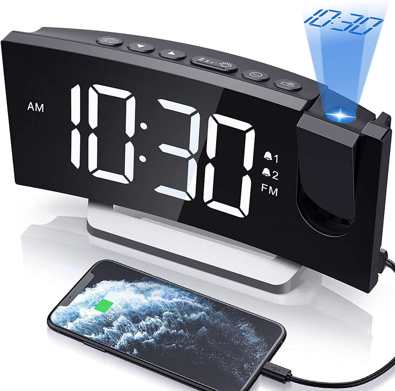 Alarm Clock Radio for Bedroom, Projection Alarm Clock with 0-100% Dimmer and FM Radio, USB Charger