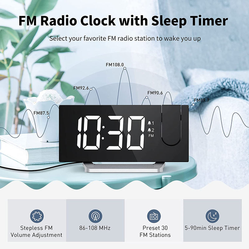 Clock Radios, Projection Alarm Clock with 0-100% Dimmer and FM Radio, Dual Alarm, 5 Alarm Sounds and 3-Level Volume, USB Charger, Clear Readout Digital Alarm Clock for Bedroom