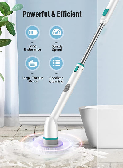 Electric Spin Scrubber, IPX7 Waterproof Cordless Cleaning Brush with 3 Brush Heads, Adjustable Extension Handle- HM708