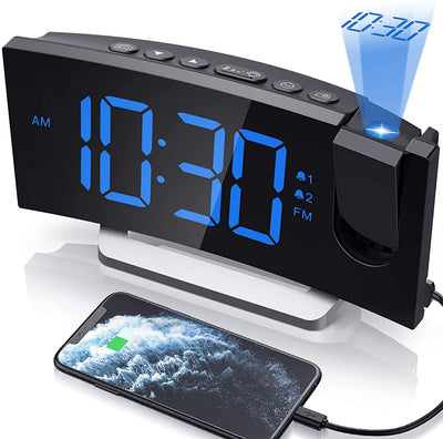 Clock Radios, Projection Alarm Clock with 0-100% Dimmer and FM Radio, Dual Alarm, 5 Alarm Sounds and 3-Level Volume, USB Charger, Clear Readout Digital Alarm Clock for Bedroom