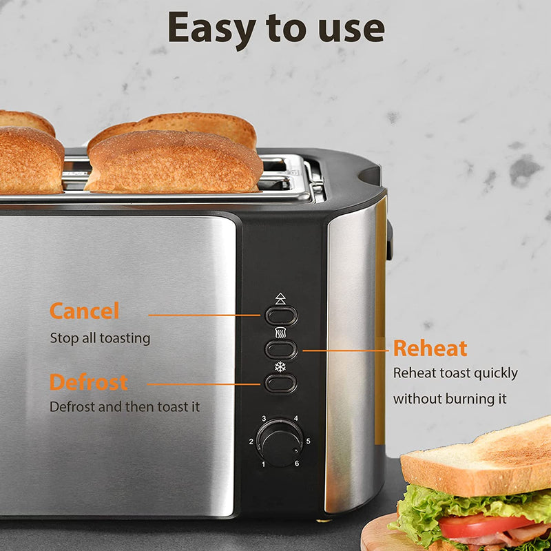 4 Slice Toaster Stainless Steel, Long Slot Wide Toaster, 6 Toast Settings(Light Silver)