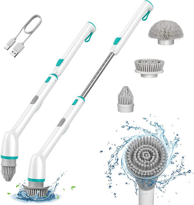 Electric Spin Scrubber, IPX7 Waterproof Cordless Cleaning Brush with 3 Brush Heads, Adjustable Extension Handle- HM708