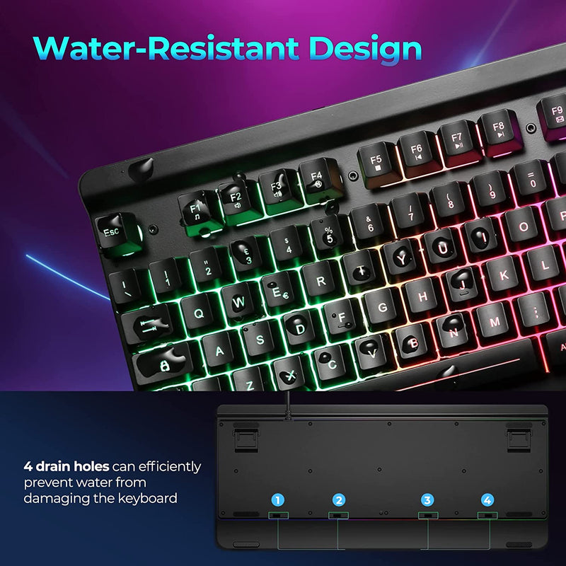 Metal Gaming Keyboard, Rainbow LED Backlit Silent Keyboard with Wrist Rest