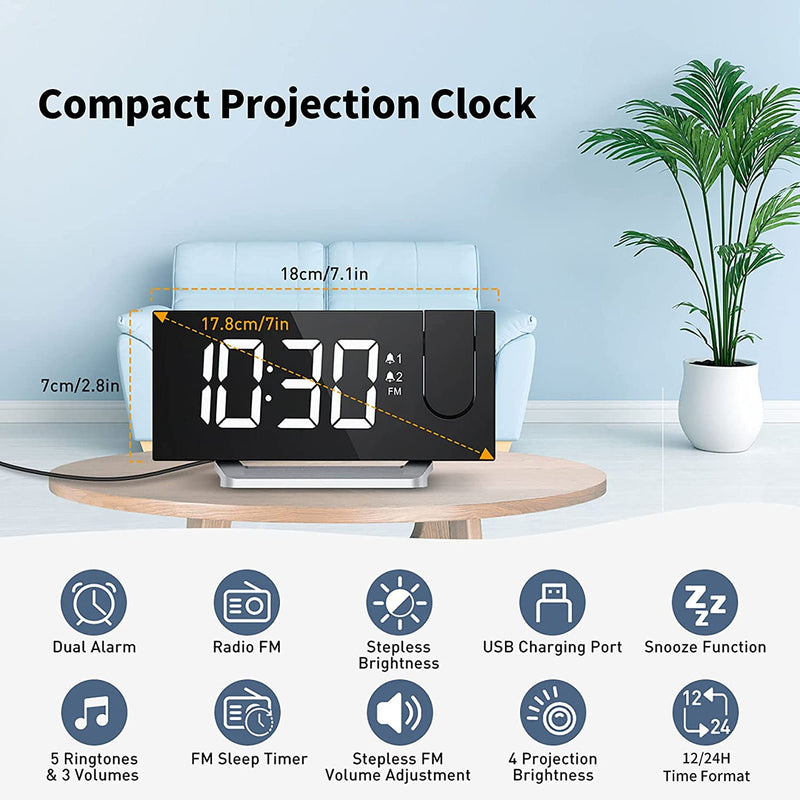 Alarm Clock Radio for Bedroom, Projection Alarm Clock with 0-100% Dimmer and FM Radio, USB Charger