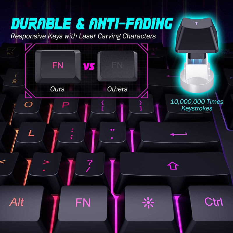 Keyshot Led Light Keyboard Gaming Keyboard, 7-Color Rainbow LED Backlit, 104 Keys Quiet Light Up ...