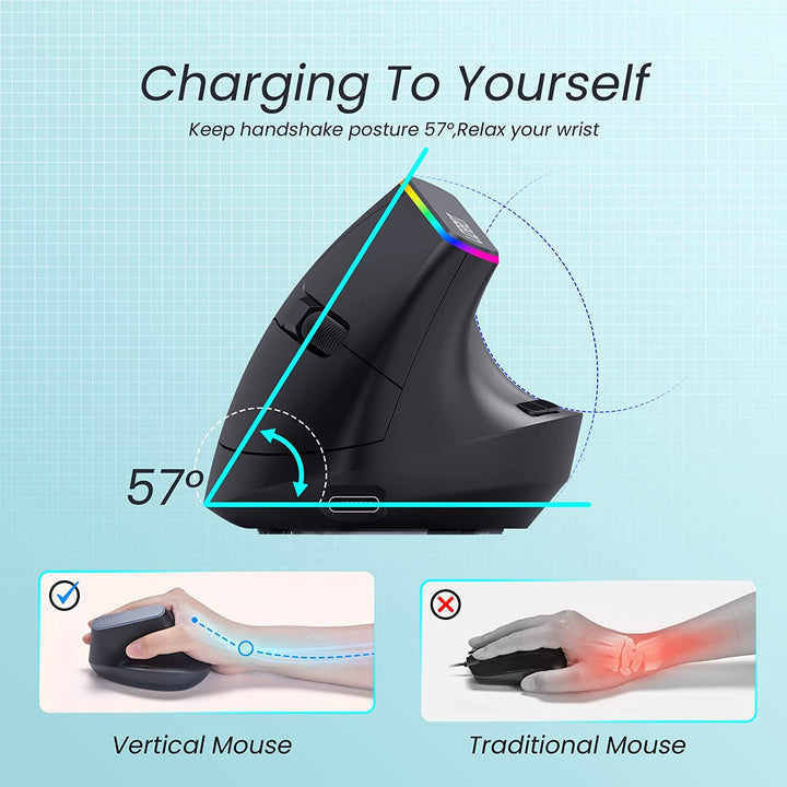Wireless Ergonomic Mouse, RGB Vertical Mouse,800-1600 DPI for