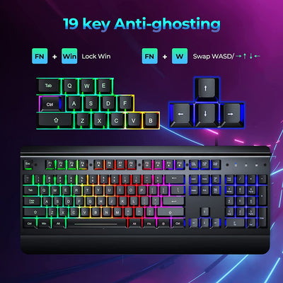 Metal Gaming Keyboard, Rainbow LED Backlit Silent Keyboard with Wrist Rest